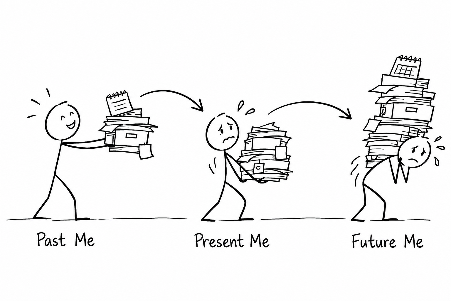 Past me passes on a growing stack of tasks to present and future me